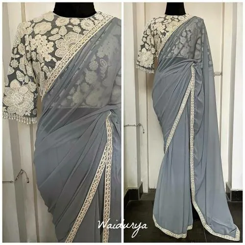 Hari Mirch Women Grey Colour Solig Georgette Saree With Designer Embroidery Lace Border and Mono Silk Embroidery Designer Blouse Piece | Party Wear Saree | Saree for Women | Grey Colour Saree | Sari | Embroidery Saree