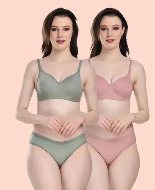 Samvar Women Cotton Bra Panty Set for Lingerie Set ( Pack of 2 ) ( Color : Green,Pink )