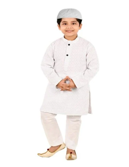 NEW GEN BOYS WHITE ART SILK PACK OF 1 KURTA & PAIJAMA
