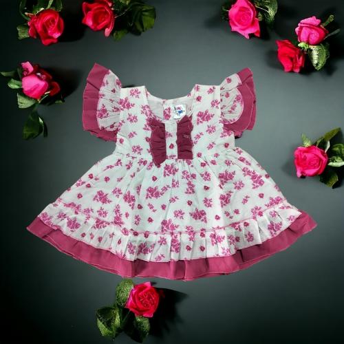 Cute Pals Frill Sleeves Round Neck A line Frock for Baby Girls | Pink | FK-001-WPFrill-M | 9-12M