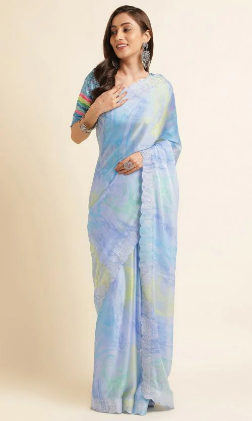 Rekha Maniyar Women's Tie And Dye beads Work Moss Chiffon Blue Saree with Unstitched Blouse Piece