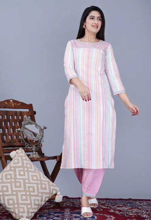 ARISHFA Women's Cotton Embroidered Pink Lining Kurta with Pant Set