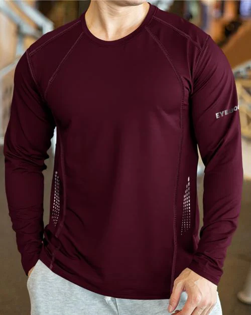 EYEBOGLER Men Solid Round Neck Polyester Full Sleeves Maroon T-Shirt