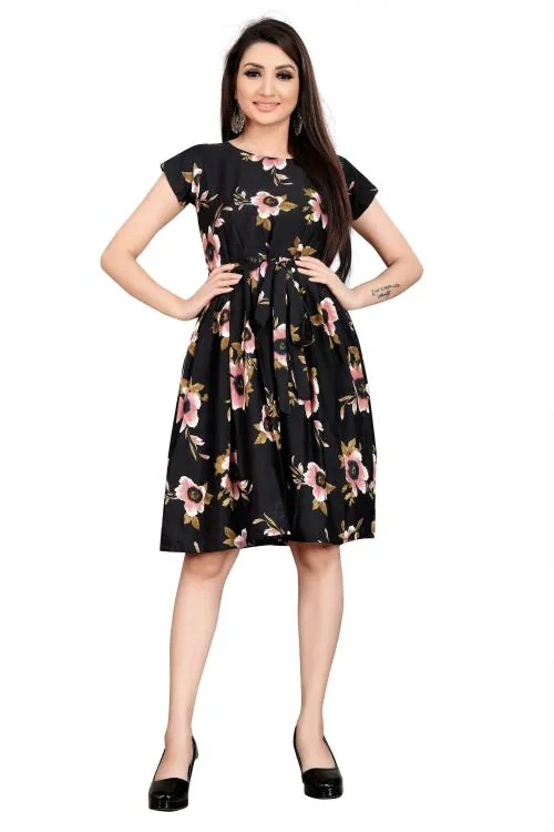 UEA Women Black Floral Crepe Fit And Flare Dress (S)