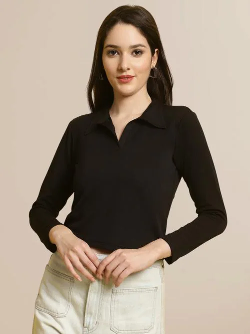 Fabflee Women’s Shirt Collar Rib Knitted Long Sleeves Tops For Women | ribbed top | tops for womens | tops | womens top | crop tops for women | brown crop tops for women