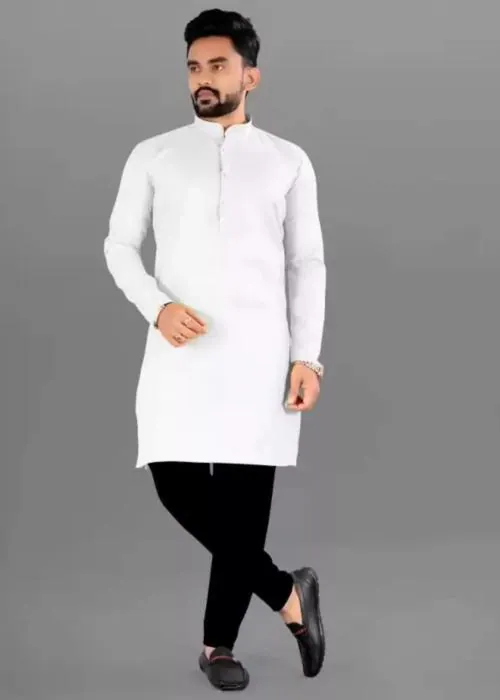 ETHNIC TROVE Men Cotton Kurta Mens Model Silk Ethnic Wear Kurta Knee Length Self Design Kurta, Wedding Kurta , Haldi Kurta, Party Wear Kurta, Engagement Kurta, Regular Fit Kurta-WHITE-M