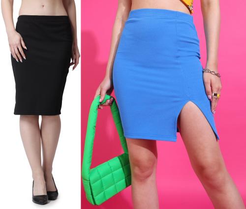 Popwings Women Casual Solid Blue and Black Pencil Skirt (Pack of 2 Skirts)