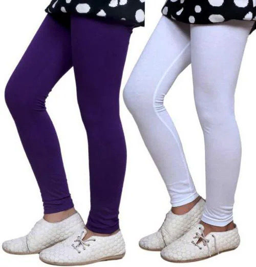 Tik Tok Wears Girls Purple, White Solid Cotton Blend Pack of 2 Leggings