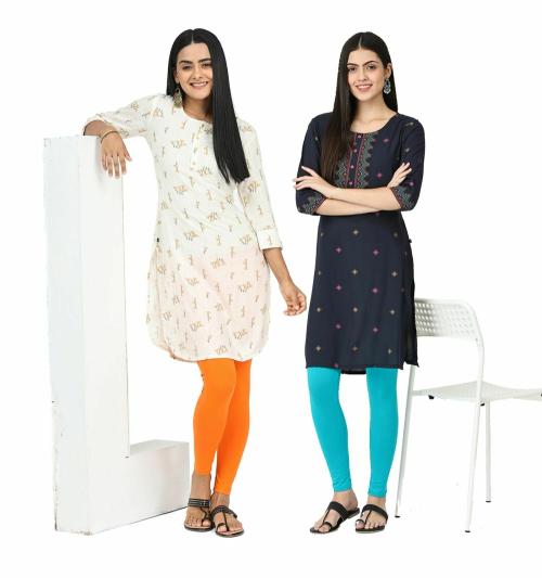 Robinbosky Women's Premium Cotton Lycra Ankle Leggings_Pack of 2_Orange And Blue_S