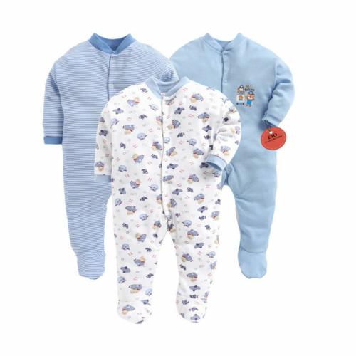 EIO 100% Cotton Newborn Rompers Sleepsuits Jumpsuit Night Suits for Baby Boys & Girls Pack of 3 (Blue 9-12 Months)