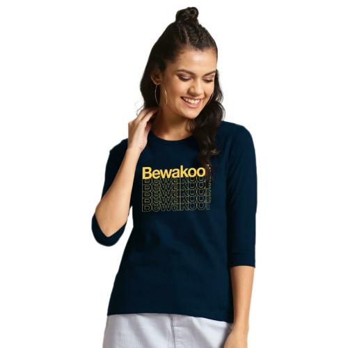 Bewakoof Women's Blue Logo Round Neck 3/4th Sleeve T-shirt