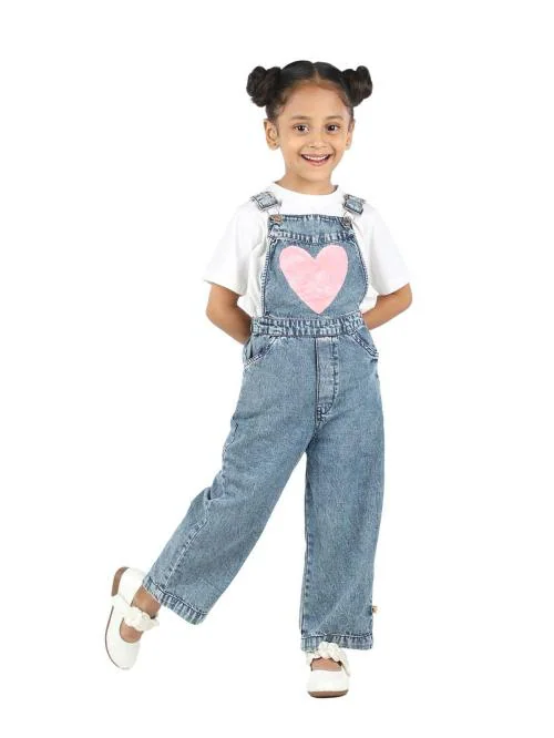 Budding Bees Stylish Blue Denim Dungaree with Heart Fur patch