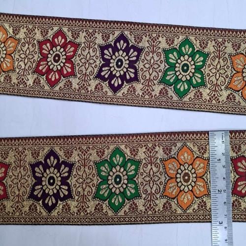 VARNI LACE BORDER 3 inch Broad & 9 Mtr Length Gold Jari Background with Multicolor Flower Figure Lace for Saree