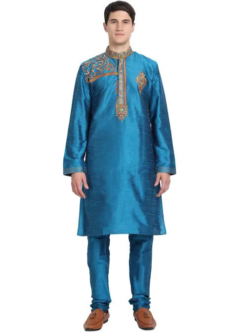 SKAVIJ Men's Kurta Pajama Set Indian Ethnic Art Silk Embroidery Dress Set (X-Large, Turquoise)