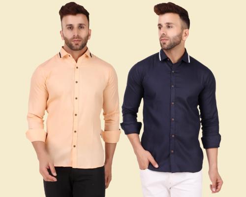 Allan Peter Men Orange and Dark Blue Solid Pure Cotton Casual Shirt- Pack of 2