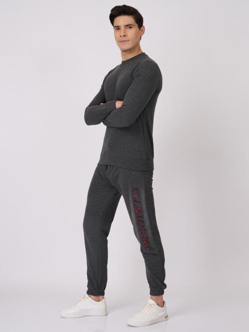 Clans & Hans Men's Super Combed Cotton Rich Slim Fit Embossed Black Joggers_Charcoal Melange_XL