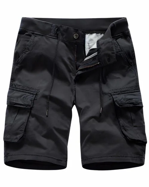 L'MONTE Imported Men's Cotton Cargo Shorts - Casual Outdoor Wear with Adjustable Drawstring Waist and Multi Pockets(32, Black)