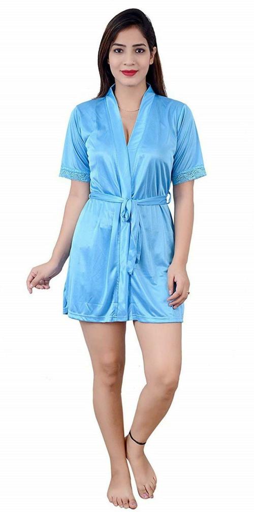 CALENDULA Women Sky Blue Solid Lace Robe l Night dress l Night gown l Nighty for women