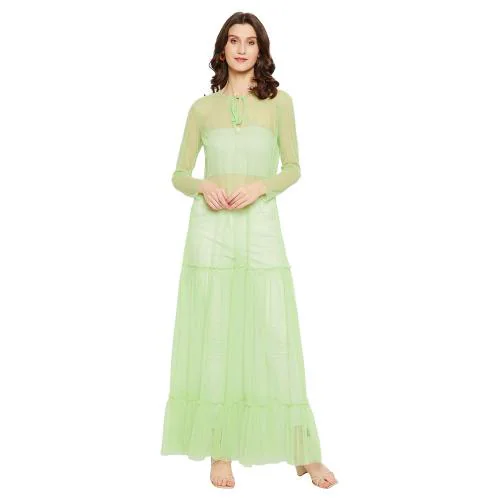 LY2 Green Regular fit Polyester Keyhole Neck Long Sleeves Transparent Dress for Women