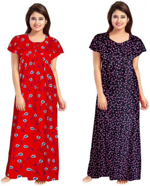 Ramaneey Women Multicolor Printed Cotton Pack Of 2 Nighty Set