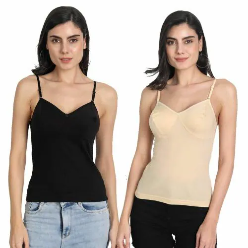 Aimly Women's Regular Fit Sleeveless Cotton Bra Cum Camisole Slip Spaghetti Black Beige XS Pack of 2
