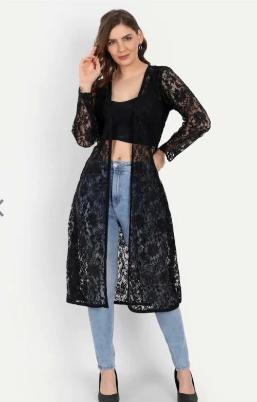 Shirak Serving Princess Women Black Self Design Net Shrugs