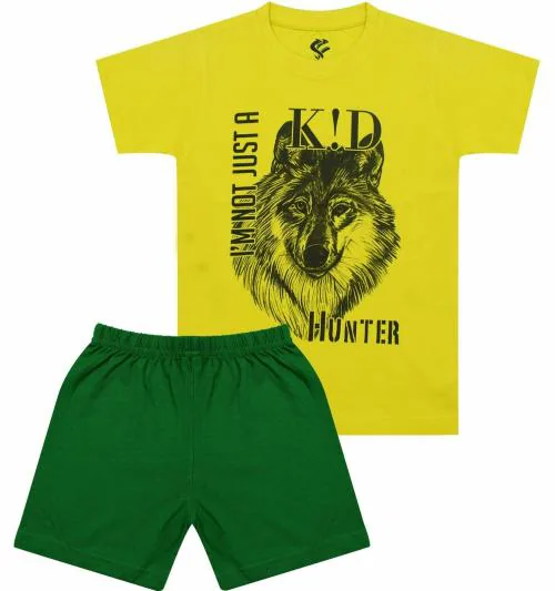 Silverfang Boys Yellow, Green Printed Cotton Jersey T-shirt with Shorts