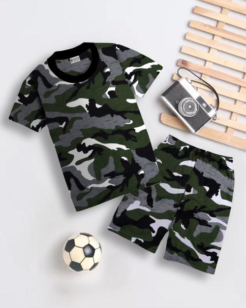 Silver Fang Boys Military Green Tshirt and Shorts Combo Set