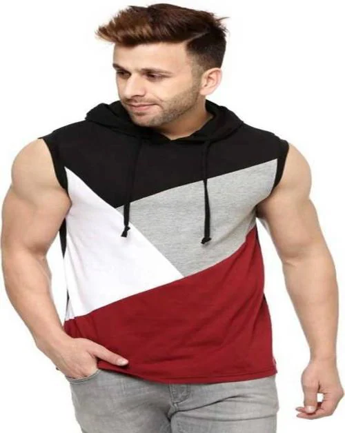 REVIZO Men Colorblock Hooded Neck Cotton Blend Multicolor T-Shirt