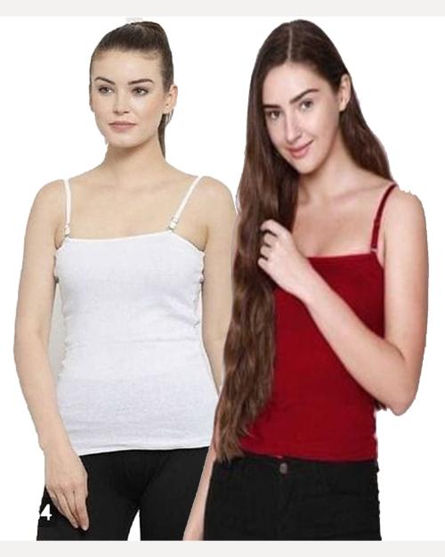 LooksOMG's Cotton Slips / Snaghetti for girls in White & Maroon pack of 2.
