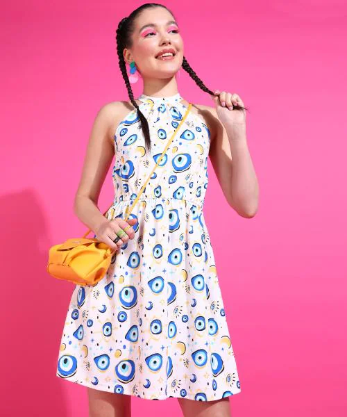 Popwings Women Casual White Eye Printed Halter Neck Skater Dress | Latest Design Dress | Stylish Dress | Trendy Dress