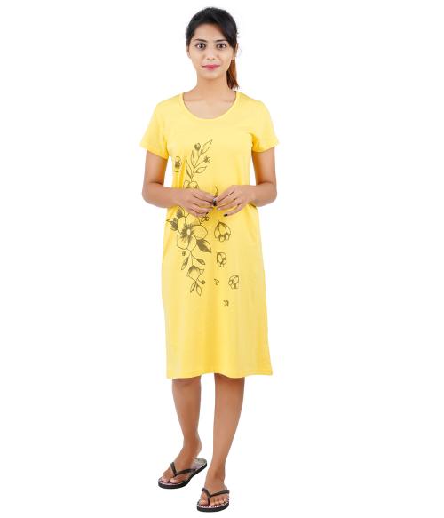 PRIDE APPAREL-Women's Printed Nighty Gown- Yellow