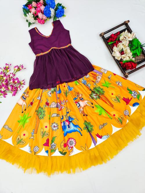 KRPAYA New Trending Sequins Tweel Sartin Beautiful V Neck Half Sleeve Printed-Work Stitched Purple Yellow Lahenga with Blouse for Girls