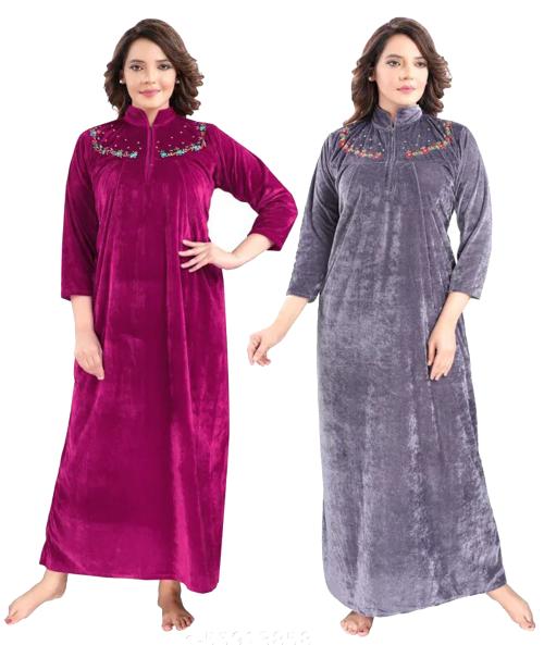 Women's Full Length Solid Combo Velvet Nighty For Winter Wear Nightdress Sleepwear And Lounge Wear Nighty (Pack of 2) (Wine, Grey)