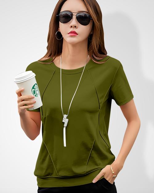 Gespo Women Dark Green Solid Round Neck Half Sleeve T-Shirt