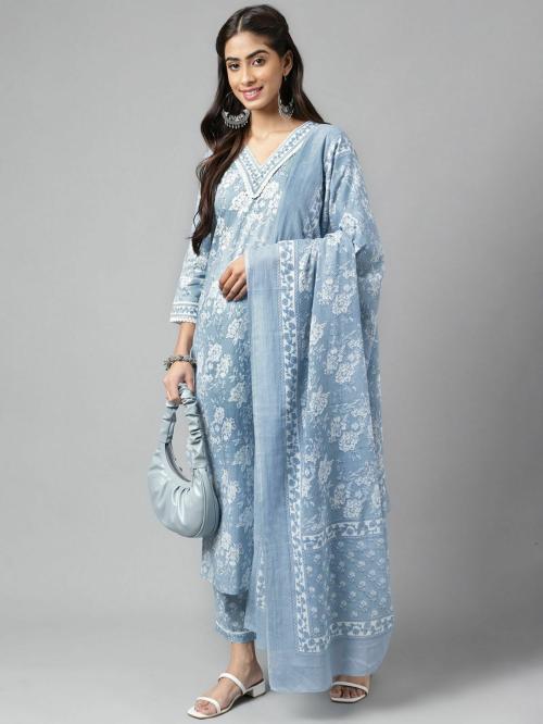 Janasya Women's Light Blue Cotton Floral Printed Kurta with Balloon Pant and Dupatta