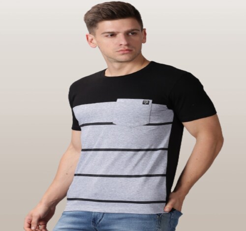 THE FASHION FACTORY Men Striped Round Neck Cotton Blend Black, Grey T-Shirt-K