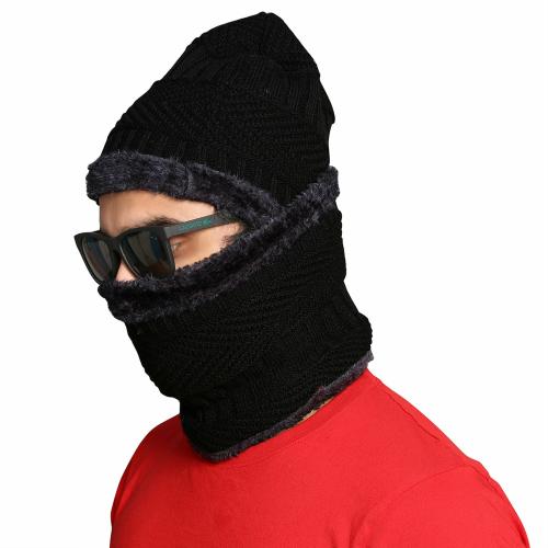 MYY Woolen Cap Set | Balaclava | Beanie | Skull Cap for Winters with Faux Fur Lining (Black)