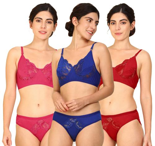 In-Curve -Women Cotton Bra Panty Set for Lingerie Set ( Pack of 3 ) ( Color : Red,Blue,Pink )