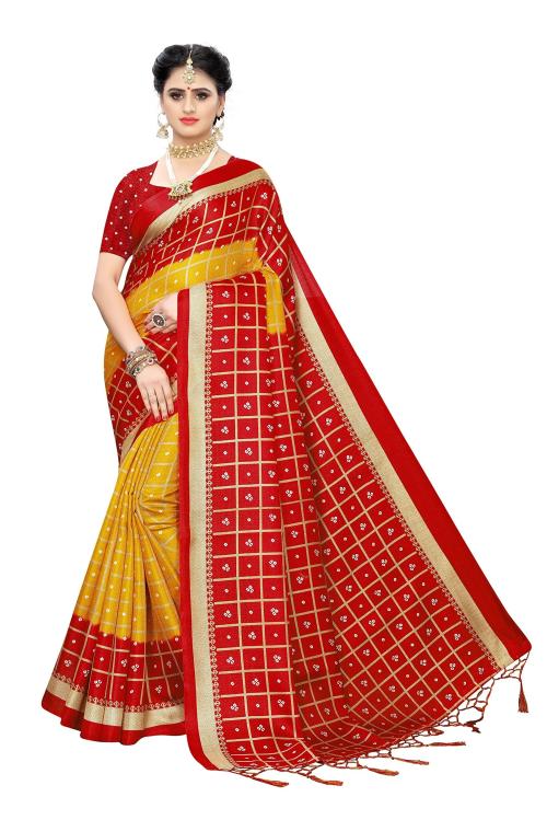 RITARC Women Bandhani Checks Yellow J Art Silk Banarasi Style Saree With Blouse Piece