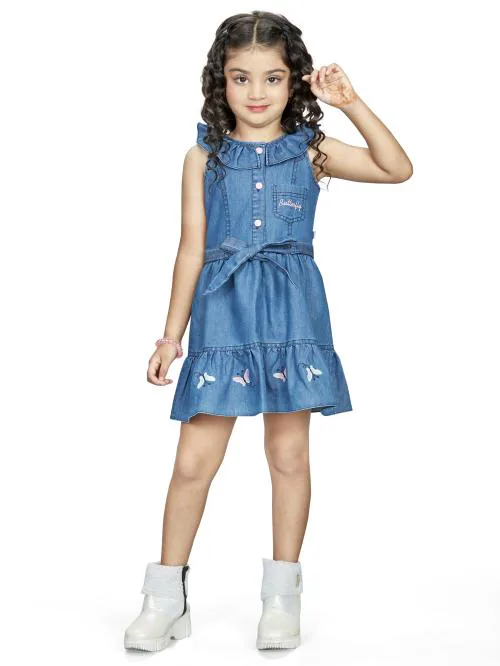 DE & CO | Sleeveless Denim Frocks | Buttoned | Fasionable | Modern | Knee Length | Frock for Girls Kids 13Years
