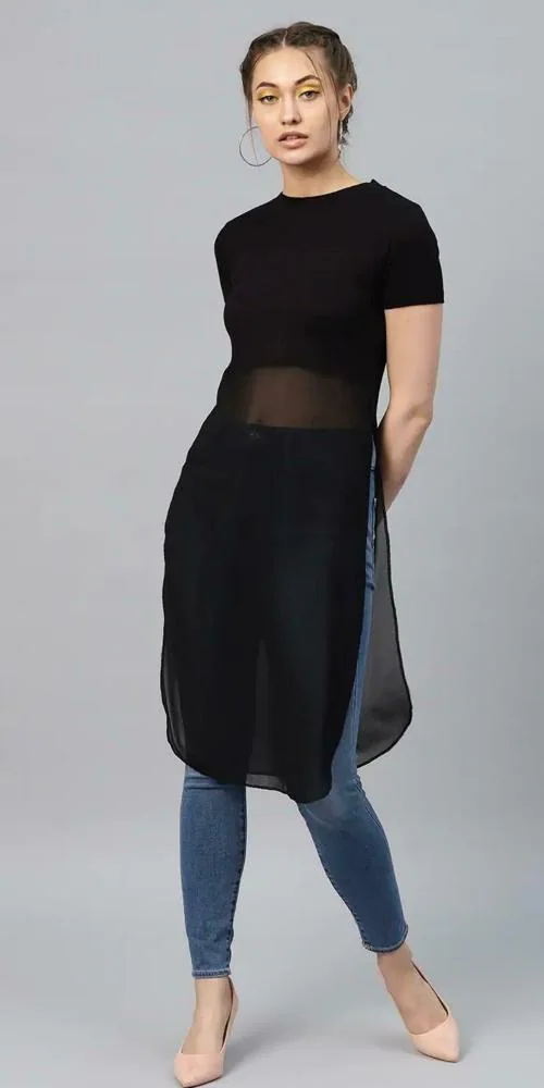 Dream Angel Fashion Women Black Solid Georgette Straight Kurta (XL)