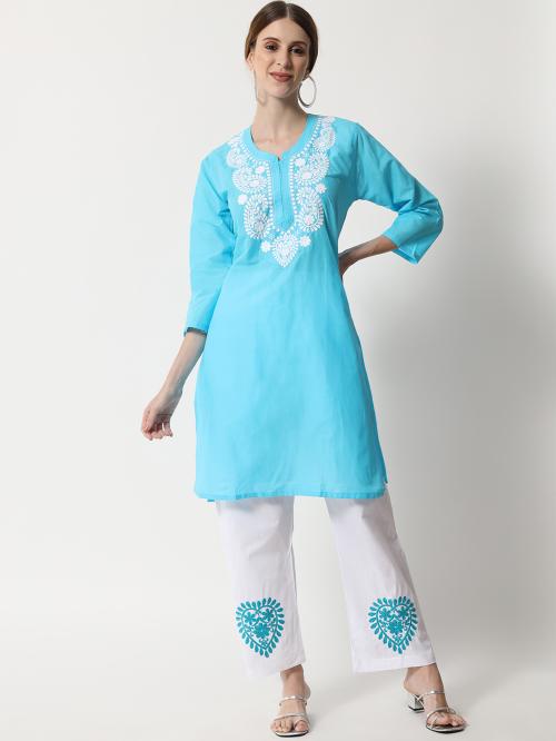 Kalakarm Embroidered Lucknowi Chikankari Cotton Kurta with Palazzo Set