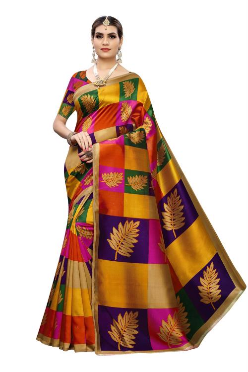 RITARC Women Shimla Pink Printed Art Silk Plain Weave Saree