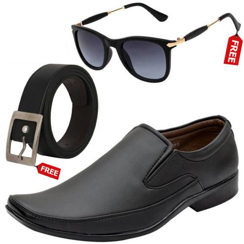 Vitoria Trendy Men's Black Slip-On Sythetic Leather Formal Shoes With Free Belt & Unisex Sunglasses-7