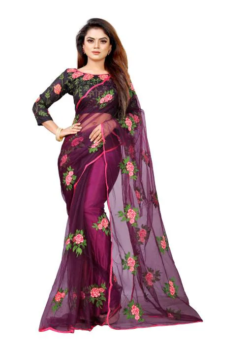 Barakiay Creation Women's Embroidered Work Fashion Net Saree With Blouse Piece.