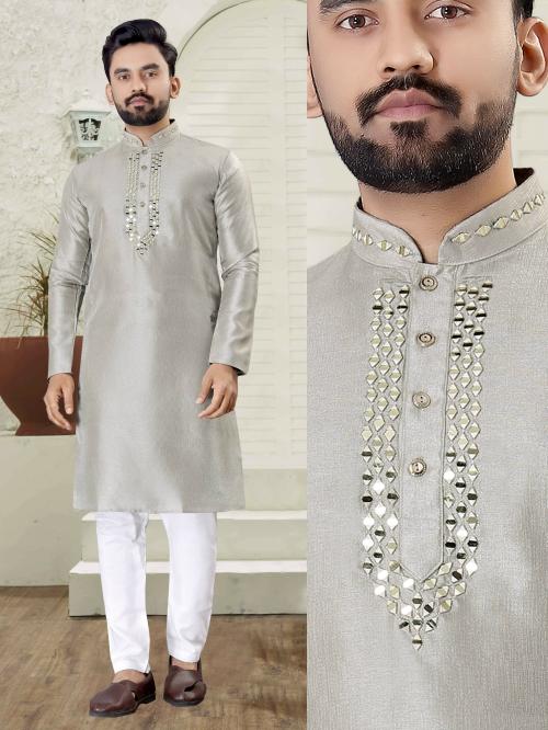 Well Tex Men Grey Embroidered Cotton Silk Kurta And Pyjama Set (3Xl)