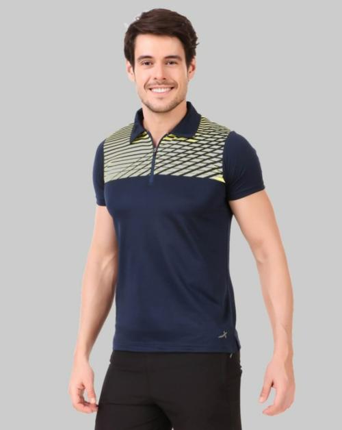 VECTOR X Men Blue Printed Polyester Polo Neck T-shirt