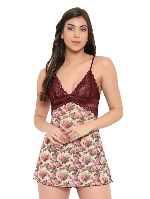 Boldwink Womens Brown Floral Babydoll Sexy and Elegant Night Wear