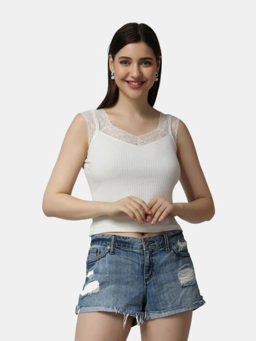 Popwings Women Casual Off White Solid Self Design Rib Sleeveless Top | Tops for Women | Tops For Women Stylish | Tops Latest Design For Women